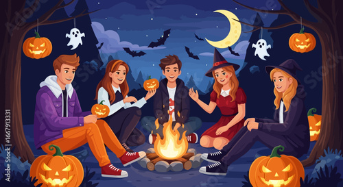Young friends celebrate Halloween traditions around a campfire with pumpkins and spooky decorations