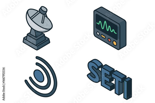SETI icon set. Isometric vector illustration of a radio telescope, signal waveform, and technosignature search concepts for exploring extraterrestrial intelligence and astronomy.