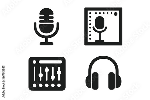 Music recording studio solid icon set. Vector glyphs for audio production, podcast, and broadcast. Includes microphone, headphones, mixing console, and vocal booth symbols.