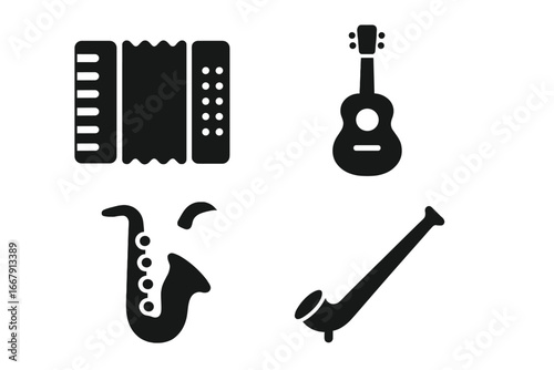 Musical instrument icon set. Solid glyph silhouette collection. Vector graphics of accordion, acoustic guitar, alto saxophone, alphorn. Music, sound, and melody concept.