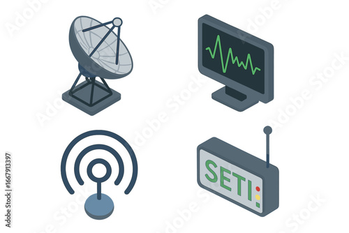 SETI isometric icon set. Technosignature search concept vector. Radio telescope dish, signal waveform, broadcast symbol. Extraterrestrial intelligence, astronomy science research.