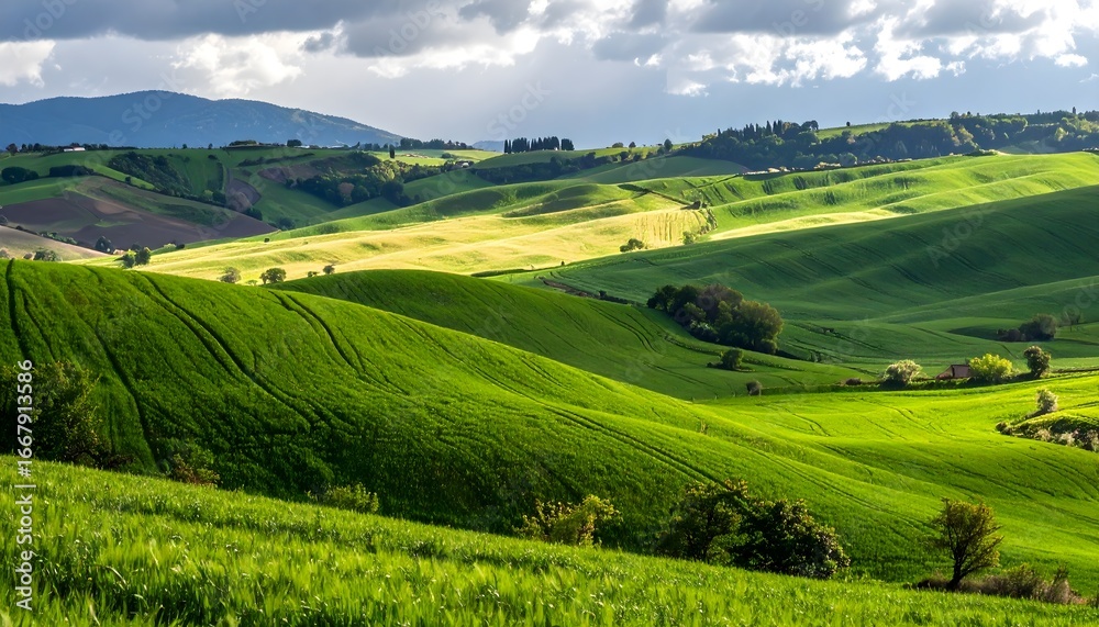 Fototapeta premium Countryside rolling hills with green fields under cloudy sky