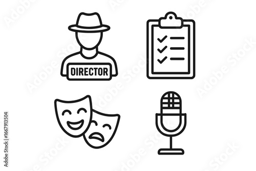 Musical production role icons. Vector outline icon set for theater, film, and performance. Director silhouette, stage manager clipboard, drama masks, and vintage microphone.