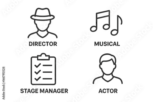 Musical production roles icon set. Theater director, actor, stage manager clipboard and music notes. Vector outline illustration for performance, show, and entertainment concepts.