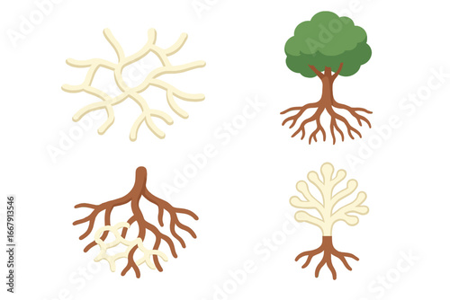 Mycorrhizal network isometric icon set. Symbiotic relationship between fungi and plant roots. Biology vector illustration. Mycelium, hyphae, tree, arbuscule icons.