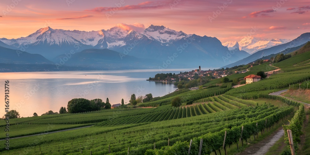 Naklejka premium Scenic Vineyard Landscape with Lake Mountains and Sunset Sky.
