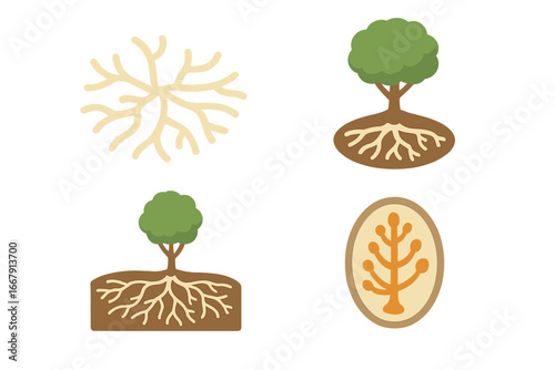 Mycorrhizal network flat icon set showing symbiosis between fungus and plant roots. Vector illustration of mycelium, arbuscule, and underground nutrient exchange ecosystem.