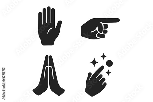 Mystical hand gestures icon set. Spiritual and magic symbols. Praying hands, pointing finger, open palm and spell casting. Black solid glyph vector illustration collection.
