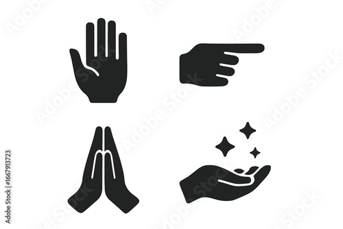 Hand gestures solid icon set. Mystical vector glyphs. Pointing finger, prayer hands, open palm stop gesture, and hand casting magic spell. Spiritual symbol silhouette.