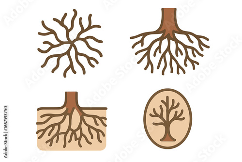 Mycorrhizal network icons. Tree root system with fungus symbiosis. Underground soil cross-section with mycelium and fungal hyphae. Arbuscule biology vector illustration set.