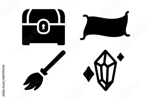 Mythical fantasy icon set. Solid glyph icons of treasure chest, magic carpet, flying broom, magic crystal. Vector objects for adventure game, fairytale, wizard, witch theme.