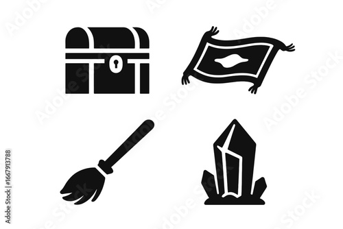 Mythical fantasy solid glyph icon set. Includes treasure chest, flying carpet, witch broom, and magic crystal. Vector assets for adventure game, fairytale, wizardry concepts.