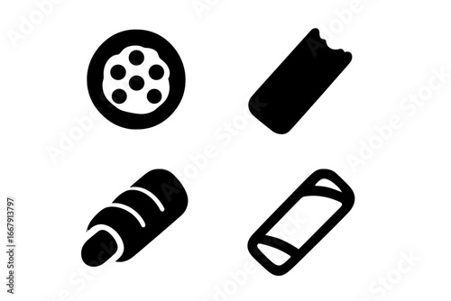 Savory finger foods icon set. Solid fill glyph style vector graphics collection. Mini pizza, cheese stick with bite, sausage roll, and spring roll appetizers or snacks.
