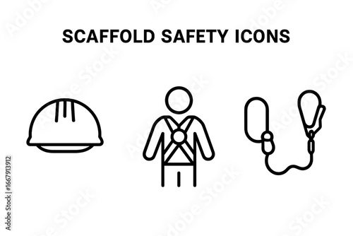 Scaffold safety icons. Personal protective equipment for construction industry. Outline vector icon set of hard hat, safety harness, lanyard for fall protection. HSE concept.