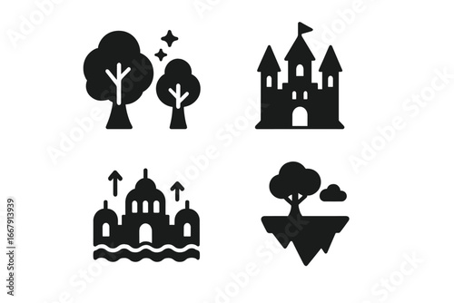 Mythical places icon set. Fantasy world glyph collection. Vector symbols for enchanted forest, haunted castle, underwater city, and floating island. Magic kingdom illustration.