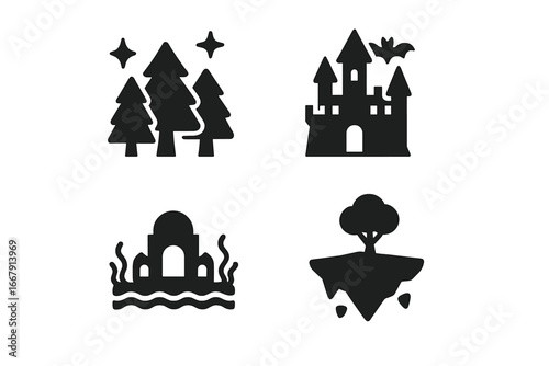 Mythical places icon set. Solid glyph symbols for fantasy worlds. Enchanted forest, haunted castle, underwater city of Atlantis, and floating island vector illustrations.