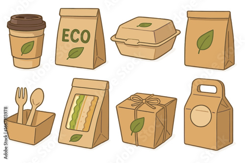 Eco friendly packaging set. Biodegradable paper and cardboard containers for food and drink. Sustainable takeaway coffee cup, lunch box, bag. Recyclable craft package vector.