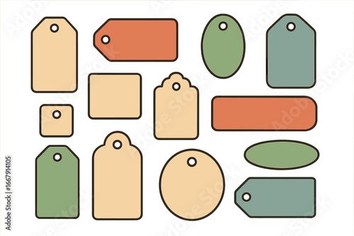 Set of blank vintage tags and labels. Collection of colorful retro price or gift tags in various shapes. Empty paper badges for sale, craft, or design. Vector illustration.