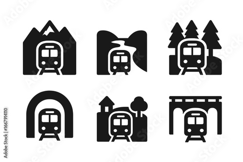 Scenic train travel icon set. Vector glyphs of a railway journey through mountains, forest, river, and countryside. Train on a bridge and in a tunnel. Tourism concept.