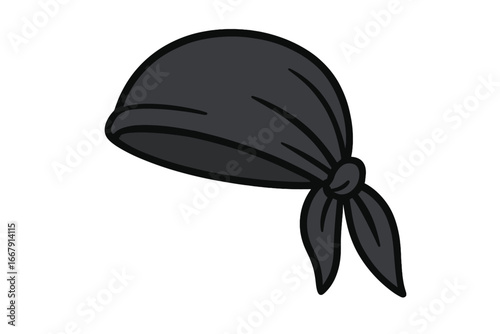 Black bandana headwear in a minimalist style. Casual fashion accessory. Head scarf, kerchief or head wrap for pirates, bikers or hip hop. Vector cartoon illustration.