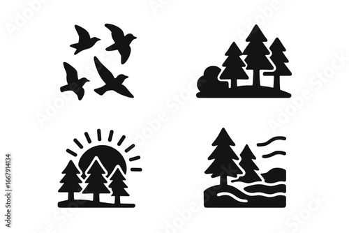 Nature awakening icon set. Solid glyph icons of forest, sunrise over pine trees, flock of birds flying, morning mist. Simple vector symbols for outdoors, park, and wilderness.