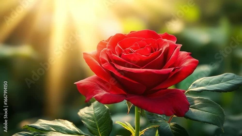 Red rose flower with vibrant red petals and green leaves bathed in warm sunlight, blooming beautifully in natural garden setting showcasing fresh nature, plant growth, and colorful blossom petals