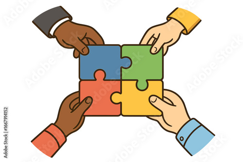 Teamwork collaboration concept. Diverse hands putting puzzle pieces together. Metaphor for partnership, unity, problem-solving. Business solution, strategy, cooperation. Connection.