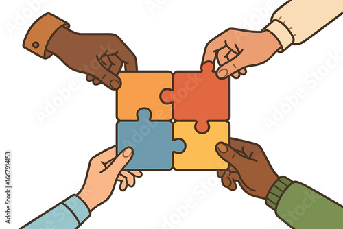 Diverse hands connecting puzzle pieces. Teamwork, collaboration, and partnership concept. Business solution, strategy, and problem-solving metaphor. Unity in community vector.