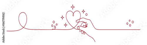 Delicate hand shapes a sparkling heart from a continuous line, symbolizing love and care.