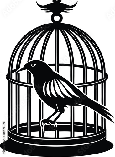 Artistic Cage Design With Single Crow Inside