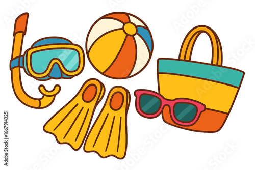 Colorful beach accessories set. Snorkel gear, diving mask, flippers, sunglasses, beach ball and tote bag. Summer vacation items for a fun day at the ocean. Vector illustration.