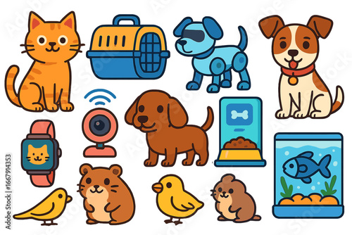 Pet technology icon set with cartoon animals. Vector collection of cat, dog, fish, hamster. Includes smart feeder, pet cam, tracker, robot dog, and carrier. Pet care concept.