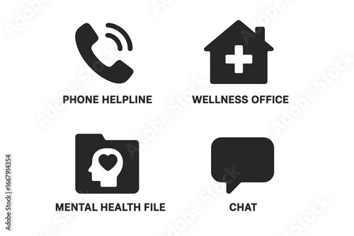 Student wellness and mental health support vector icon set. Solid glyph pictograms for school counseling, medical office, phone helpline, and online chat assistance program.