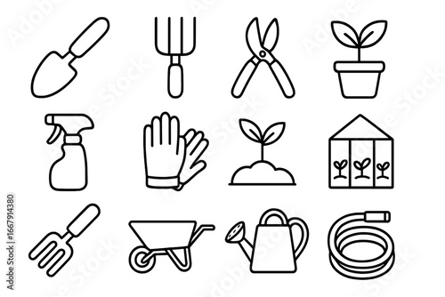 Gardening tools icon set. Line art vector collection for horticulture and planting. Includes trowel, fork, shears, gloves, watering can, wheelbarrow, plant, and greenhouse.