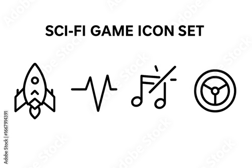 Sci-fi game UI icon set. Vector collection of linear pictograms. Futuristic symbols like spaceship, electronic pulse, mute sound, and spacecraft helm for video game interface.