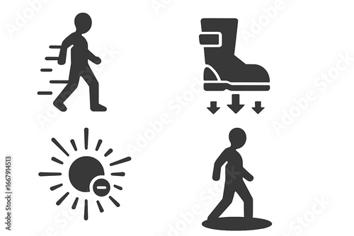 Sci-fi movement icons. Solid filled icon set. Futuristic technology concepts. Phasing, speed, teleportation silhouette. High-tech boots, anti-gravity, antimatter burst, shadow walk.