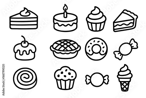 Bakery and dessert line icon set. Sweet food, cake, pie, cupcake, and candy outline collection. Vector cartoon illustration for patisserie, cafe, and confectionery design.