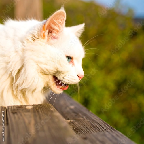 White cat on wooden railing, outdoor scene