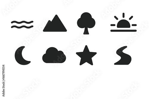 Nature icon set. Solid glyph symbols for introspection, calm, and mindfulness. Vector collection of mountain, tree, sun, moon, star, cloud, wave, path for UI and web design.
