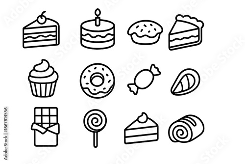 Bakery and dessert line icon set. Cakes, pies, sweets outline collection. Confectionery vector symbols. Cupcake, donut, chocolate, candy, lollipop, muffin, pastry icons.