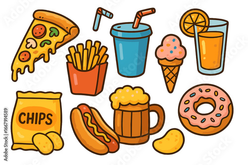 Set of cartoon fast food icons. Colorful vector illustration of junk food snacks and drinks like pizza, hot dog, soda, fries, donut, ice cream. Cute doodle style clipart.