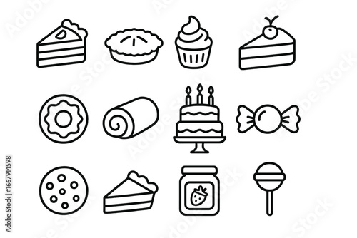 Bakery and dessert line icon set. Cakes, pies, and sweets outline collection. Vector cartoon illustration of pastry, cupcake, donut, cookie, candy, jam, and lollipop icons.