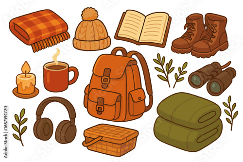 Cozy autumn camping items set. Fall hiking adventure equipment. Outdoor travel, nature relaxation essentials. Backpack, boots, book, warm blanket vector cartoon collection.