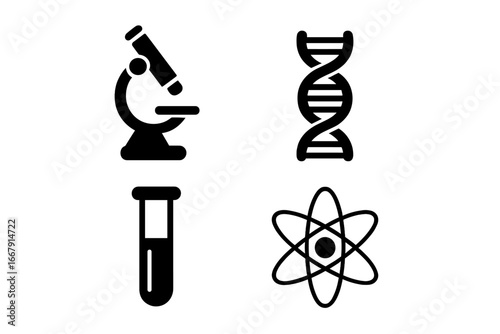 Science and research vector icon set. Scientific breakthrough symbols. Microscope, DNA strand, test tube, atom. Biology, chemistry, medicine, physics, and lab technology concept.