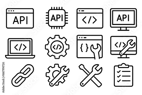 API software development outline icon set. Technology, programming and coding vector icons. Web app interface, backend integration tools, and frontend development symbols.