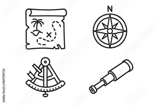 Nautical navigation icon set. Pirate treasure map, compass rose, sextant, spyglass. Vector outline concept for maritime adventure, sea exploration, discovery, cartography.