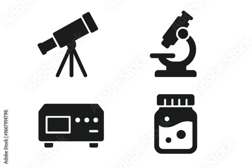 Science and research icon set. Solid glyph icons of lab equipment: telescope for astronomy, microscope for biology, spectrometer for analysis, and a sample specimen jar.