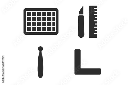 Scrapbooking tool solid icon set for hobby and DIY projects. Crafting vector glyphs collection with cutting mat, craft knife, ruler, embossing tool, and corner square.