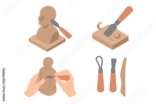 Sculpting tools icon set for artists. Isometric vector graphics of carving and modeling. Clay sculpture, wood chisel, pottery tools for a creative hobby, craft, or workshop.