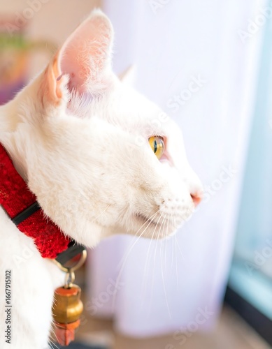 White cat profile, looking out window